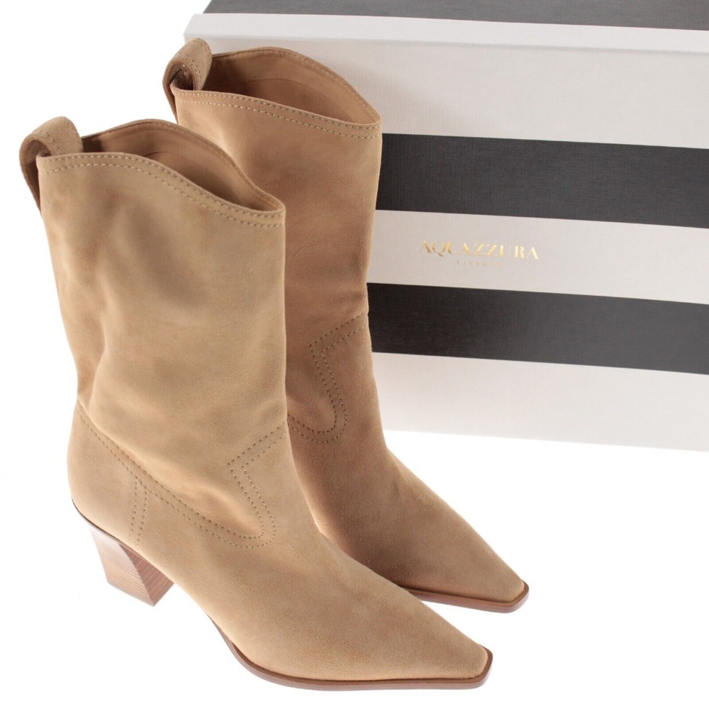 AQUAZZURA DOLLY BOOGIE COWBOY 70 Suede BISQUE BOOTS 39